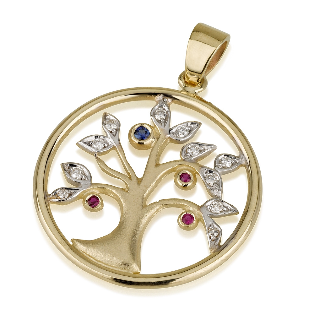14K Yellow Gold Tree of Life Disk Pendant with White Gold Diamond Leaves and Precious Gemstones - 1