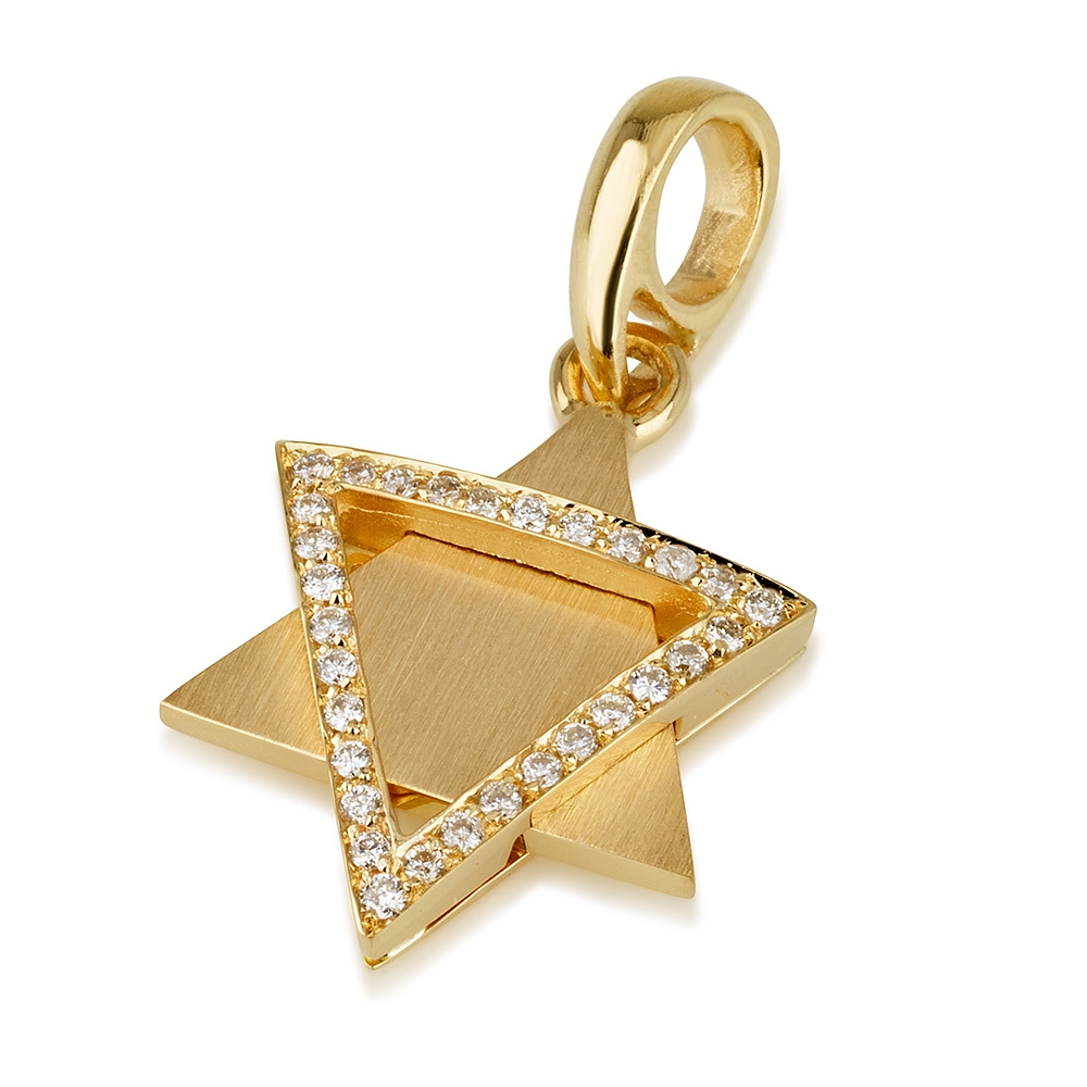 18K Brushed Yellow Gold Diamond Star of David Pendant - 1