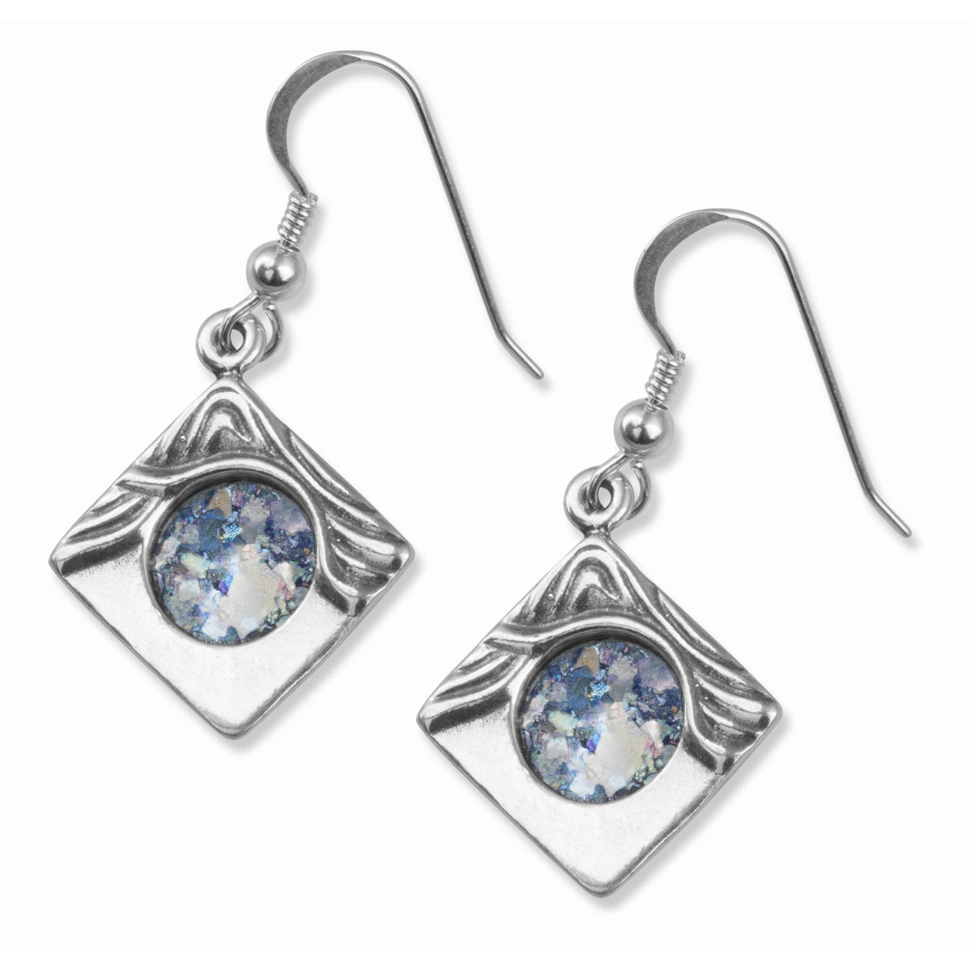 925 Sterling Silver Square Wave Earrings with Roman Glass Circles - 1