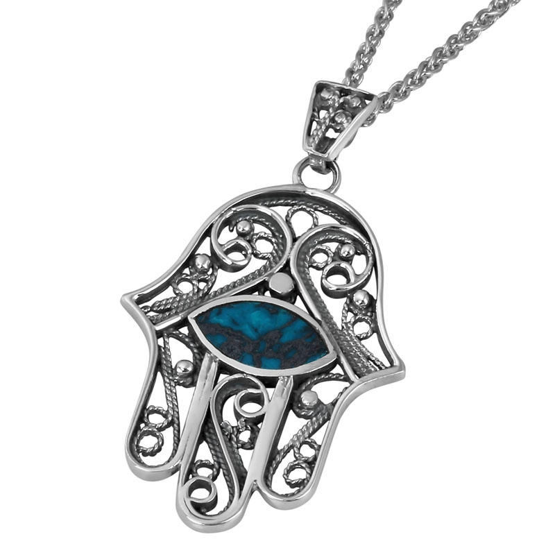 Filigree Design Sterling Silver and Eilat Stone Hamsa Necklace - 1