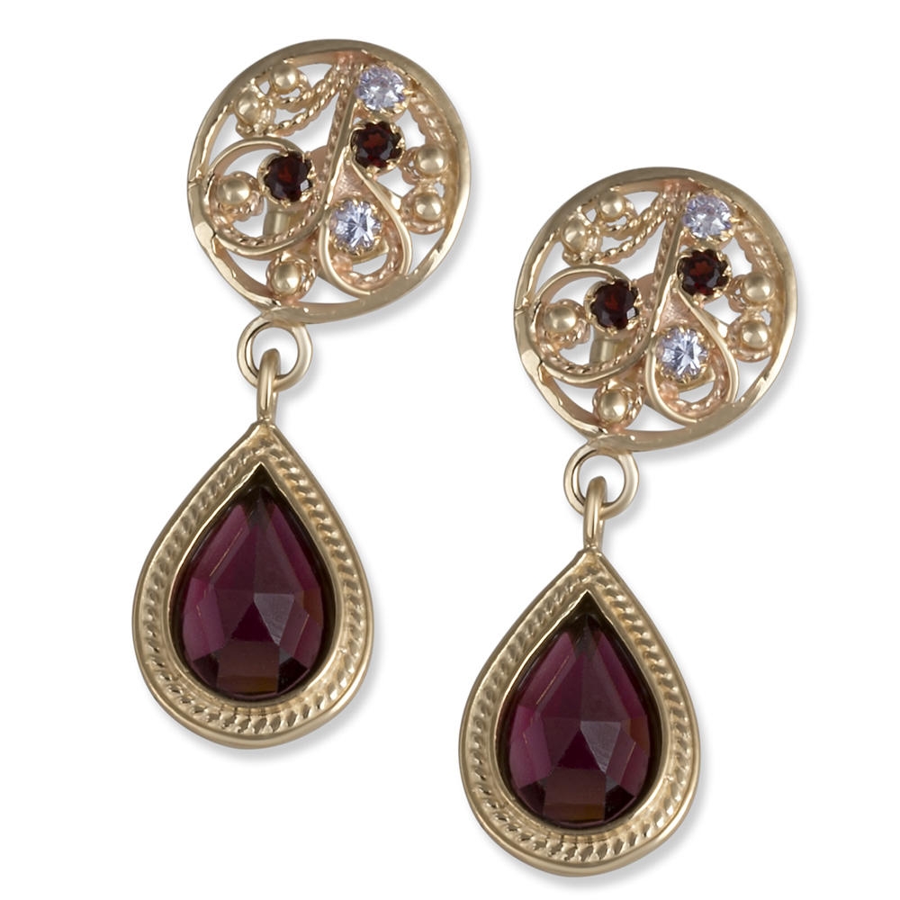 14K Gold Red and Lavender Garnet Stone Earrings - 1