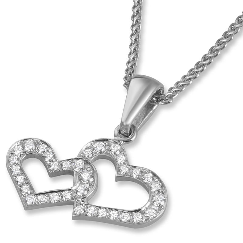 18K White Gold and Diamonds Two Hearts Pendant - 1