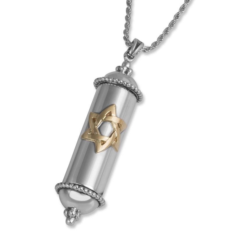Sterling Silver Traditional Menorah Necklace with Curved Gold Star of David - 1