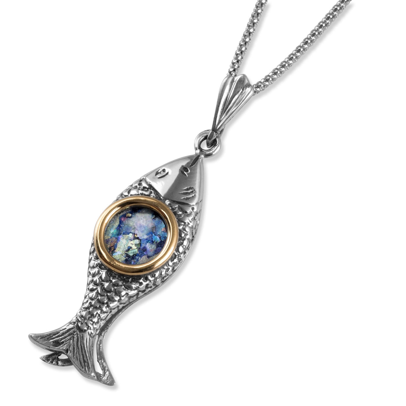 925 Sterling Silver Fish Necklace with 9K Gold Ring and Roman Glass - 1