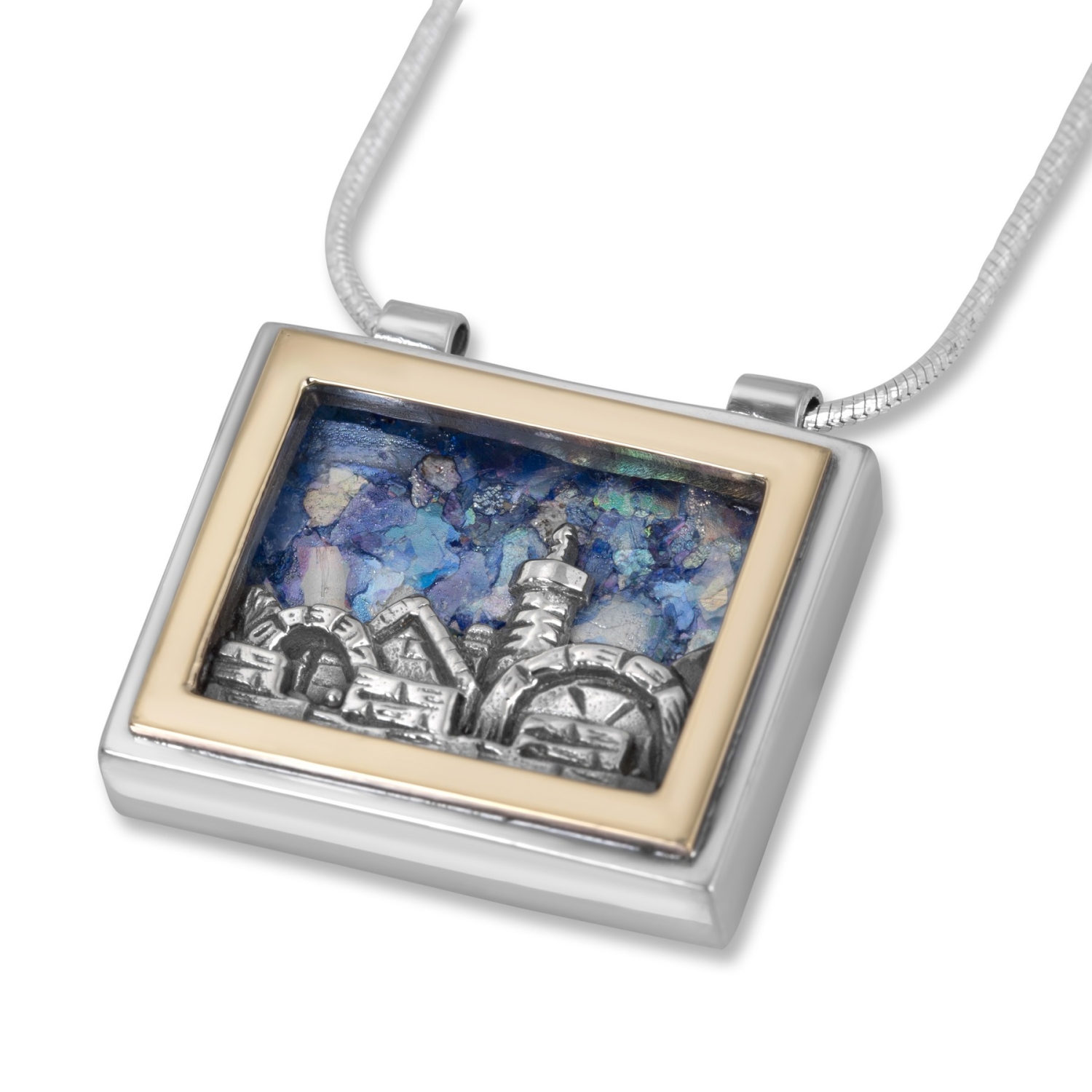 Sterling Silver Rectangular Roman Glass Necklace with Jerusalem Detailing and 9K Gold Frame - 1
