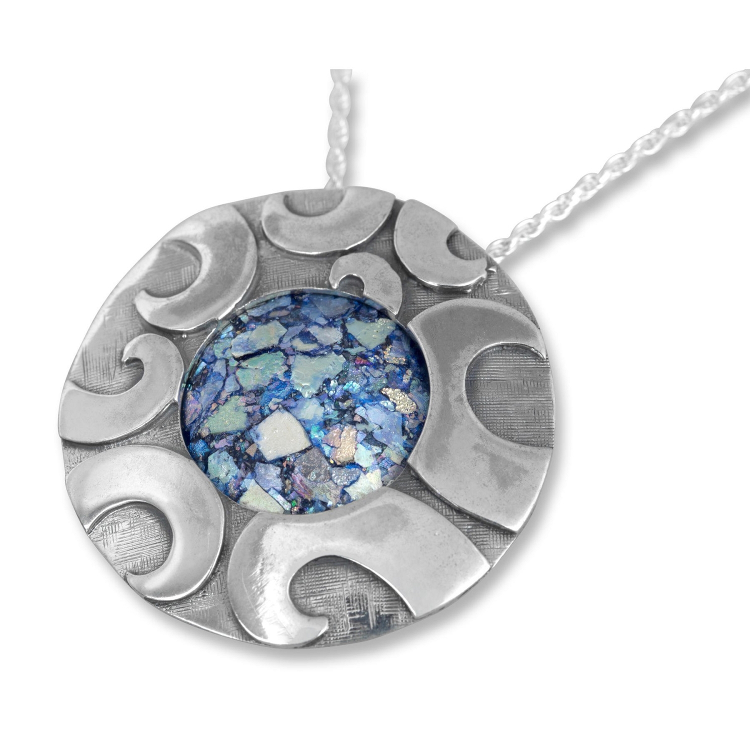 Sterling Silver Roman Glass and Swirls Dome Necklace - 1