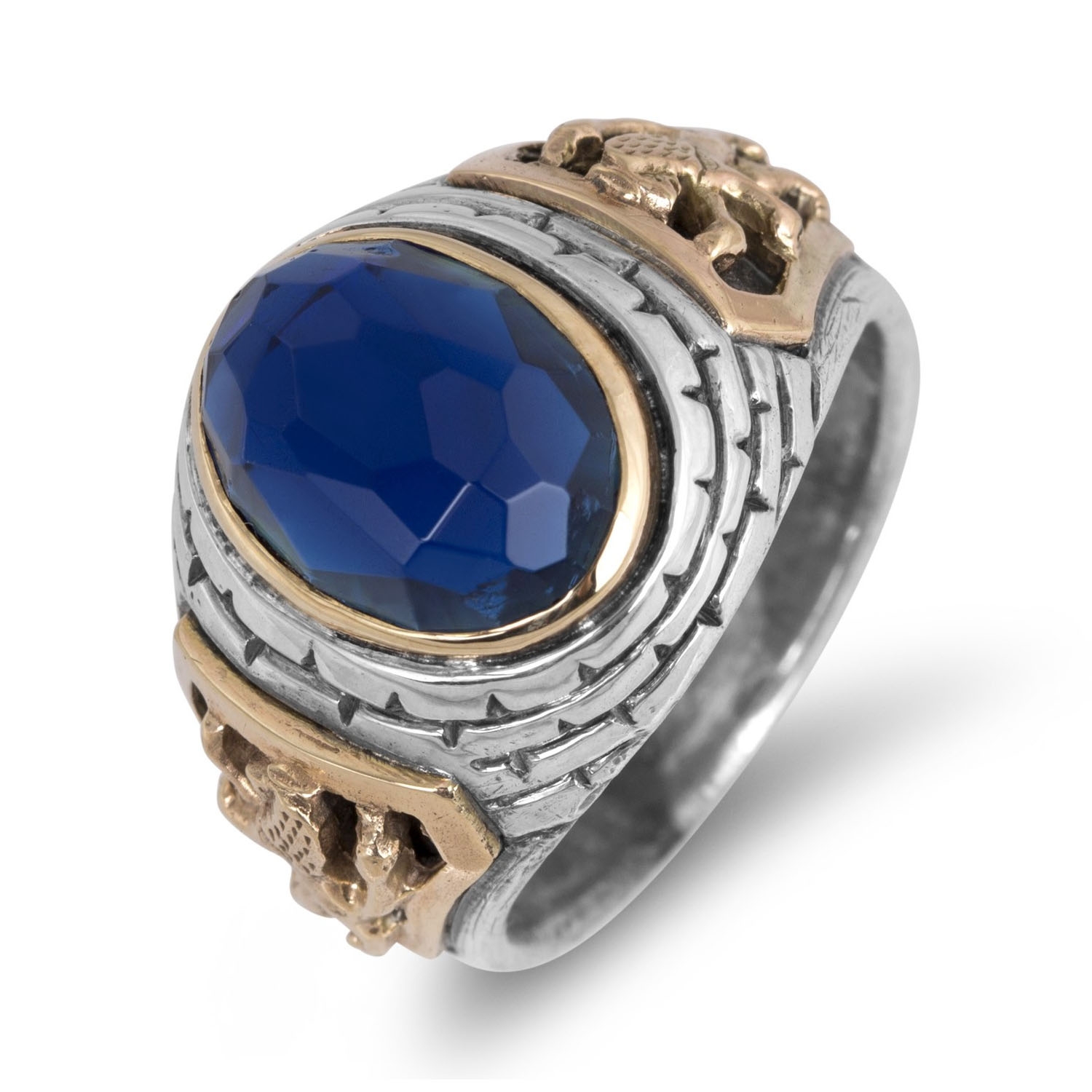 Sterling Silver Ring with 9K Gold Lions of Judah and Sapphire - 1