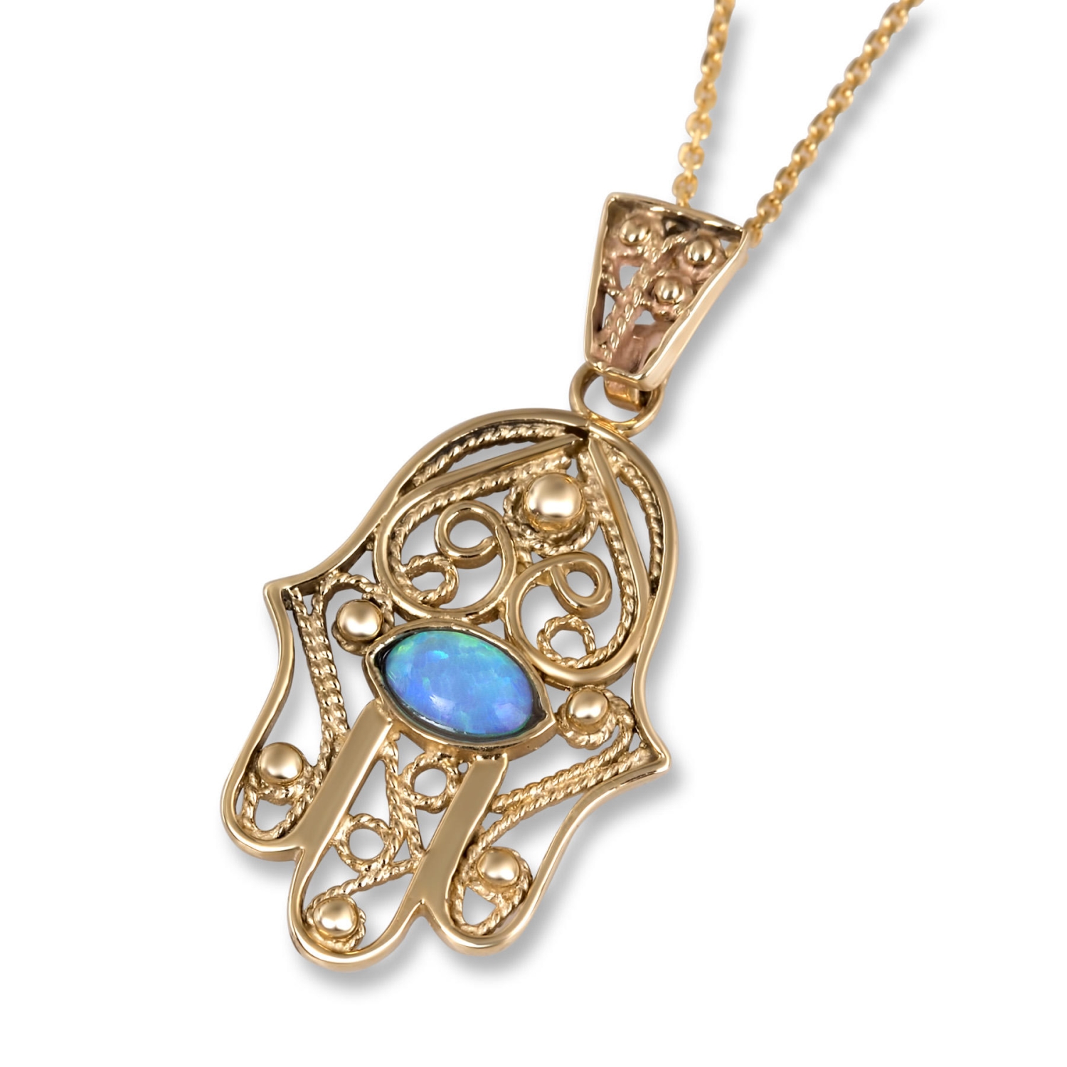 14K Gold Filigree Hamsa Pendant Necklace with Blue Opal - 1