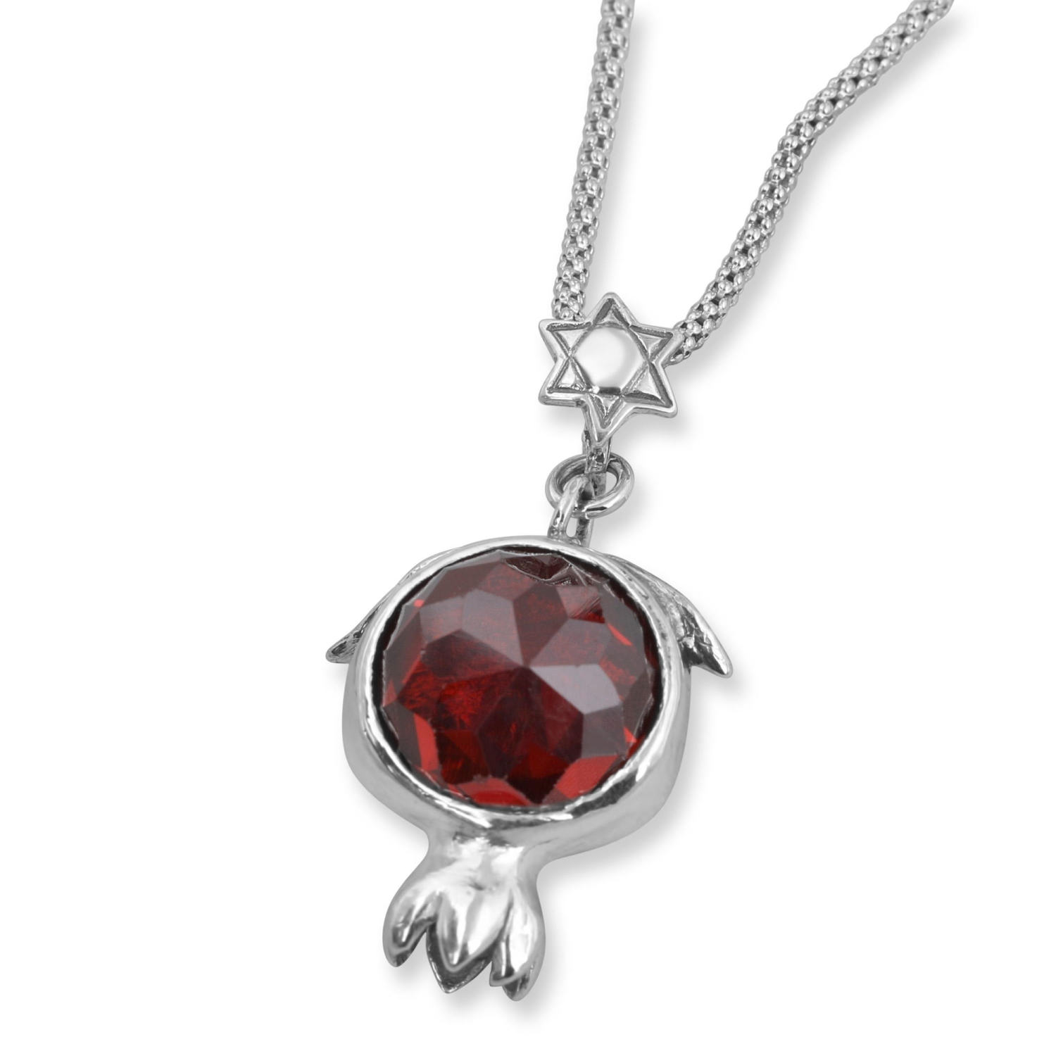 Sterling Silver and Garnet Pomegranate Necklace with Star of David Detail - 1