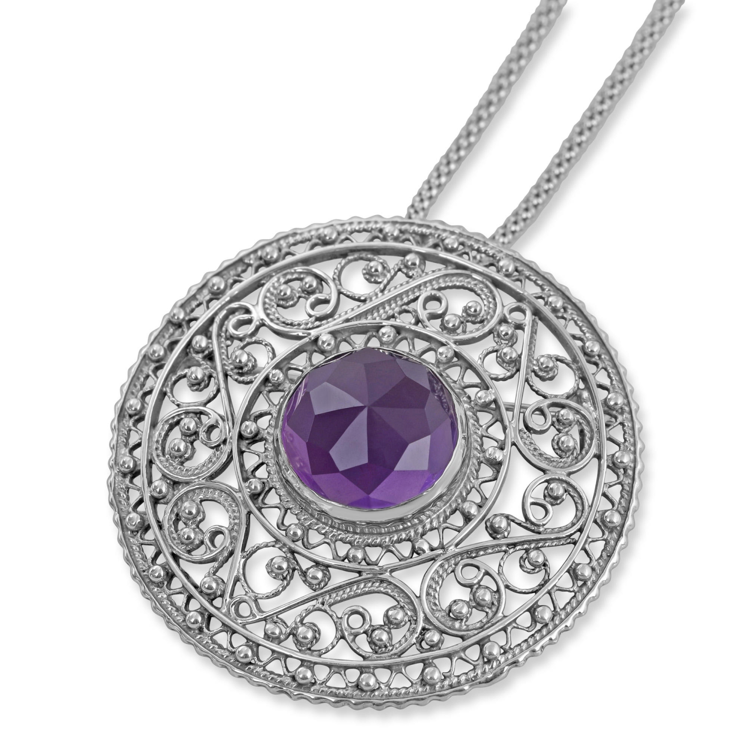 Sterling Silver Filigree Disk Necklace with Amethyst Center - 1