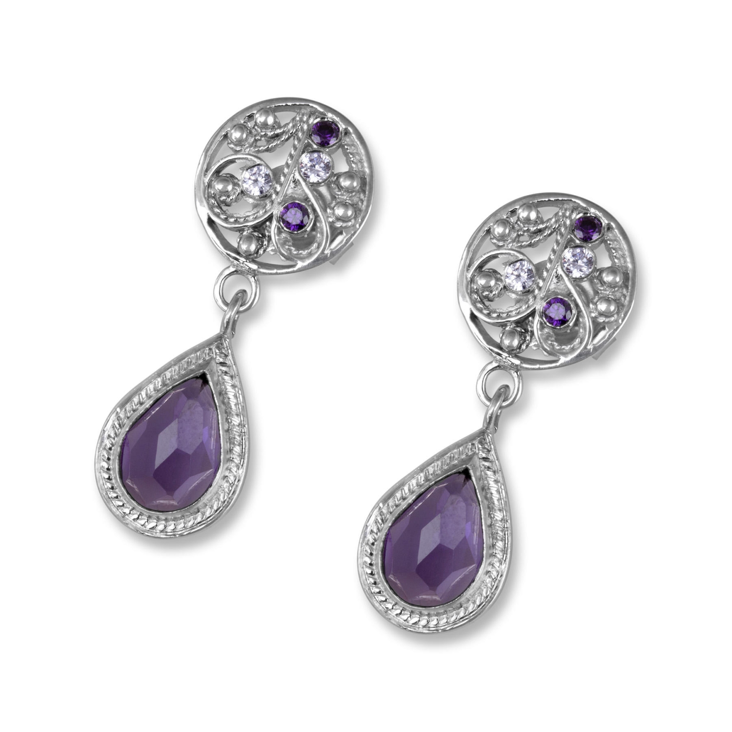 14K White Gold Filigree Teardrop Earrings with Amethysts and Lavender Stones - 1