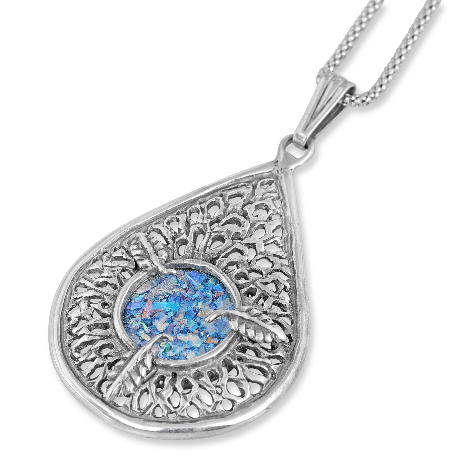 Sterling Silver Filigree Teardrop Roman Glass Necklace with Leaves - 1