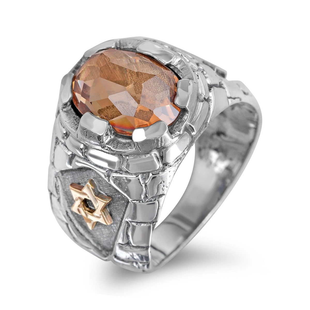 Sterling Silver Jerusalem Walls Ring with Champagne Stone and Gold Starts of David - 1
