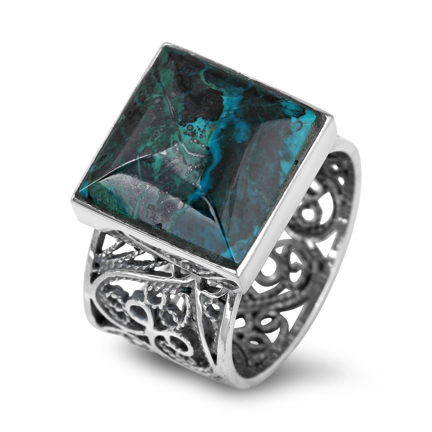 Sterling Silver Filigree Ring with Square Eilat Stone - 2