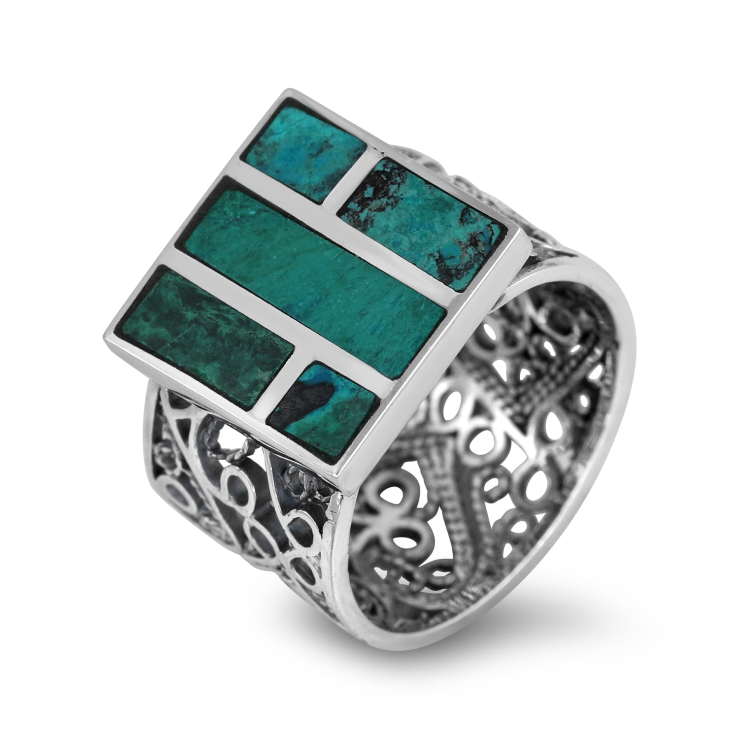 Sterling Silver Filigree Ring with Square Grid Eilat Stone - 1