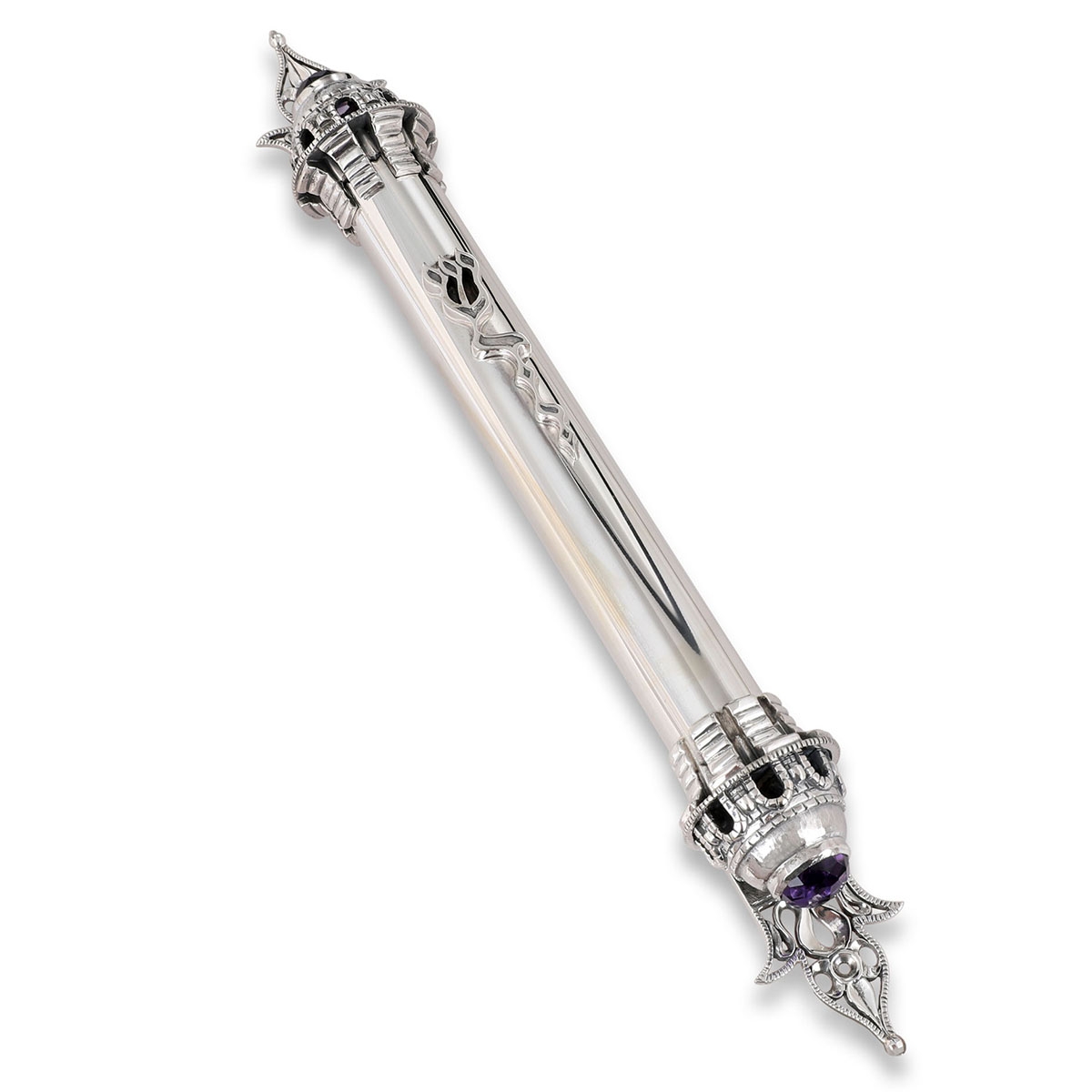 Rafael Jewelry Extra Large Crown 925 Sterling Silver and Amethyst Mezuzah Case - 1