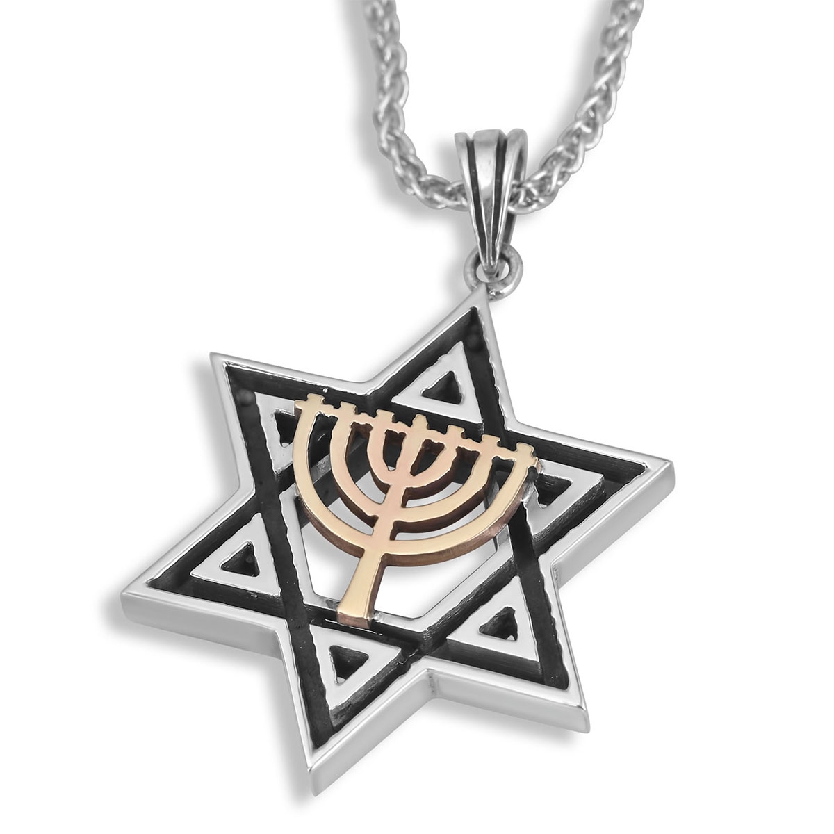 Rafael Jewelry Star of David with Menorah 925 Sterling Silver and 9K Gold Necklace - 1