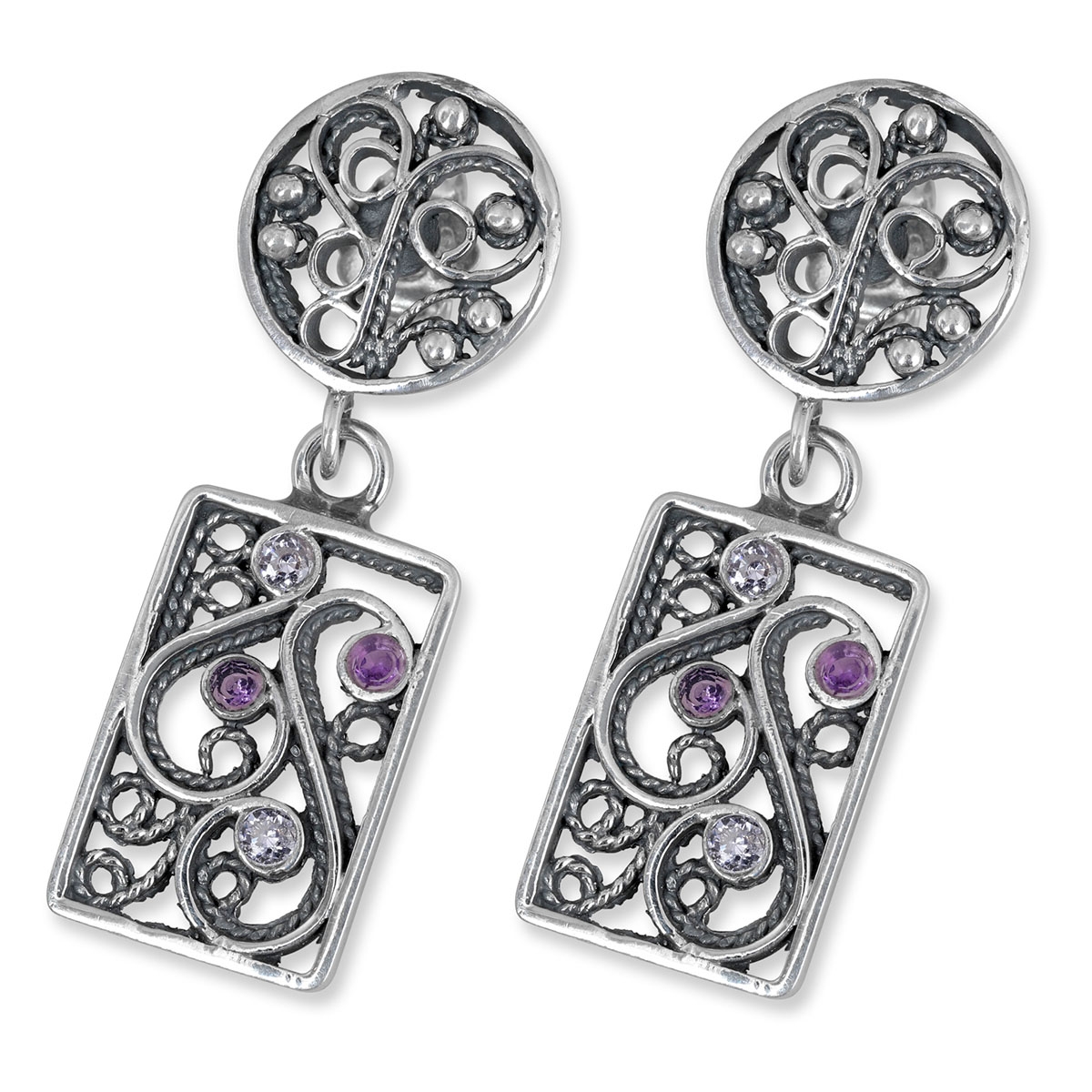 Rafael Jewelry Filigree Rectangular Sterling Silver Earrings - Amethyst and Lavender  - 1