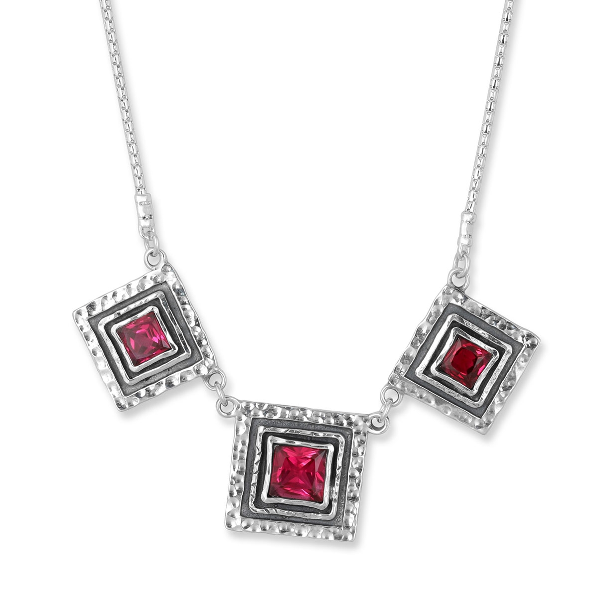 Rafael Jewelry Triple Square Hammered Sterling Silver Necklace - Ruby - 1