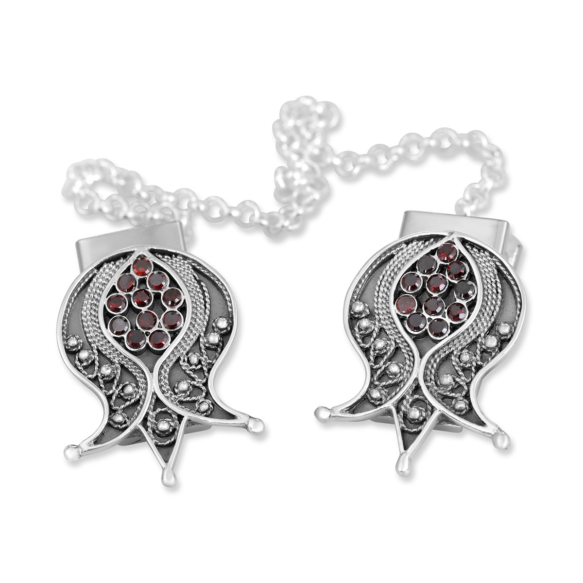 Rafael Jewelry Filigree Pomegranate Sterling Silver and Garnet Tallit Clips  - 1