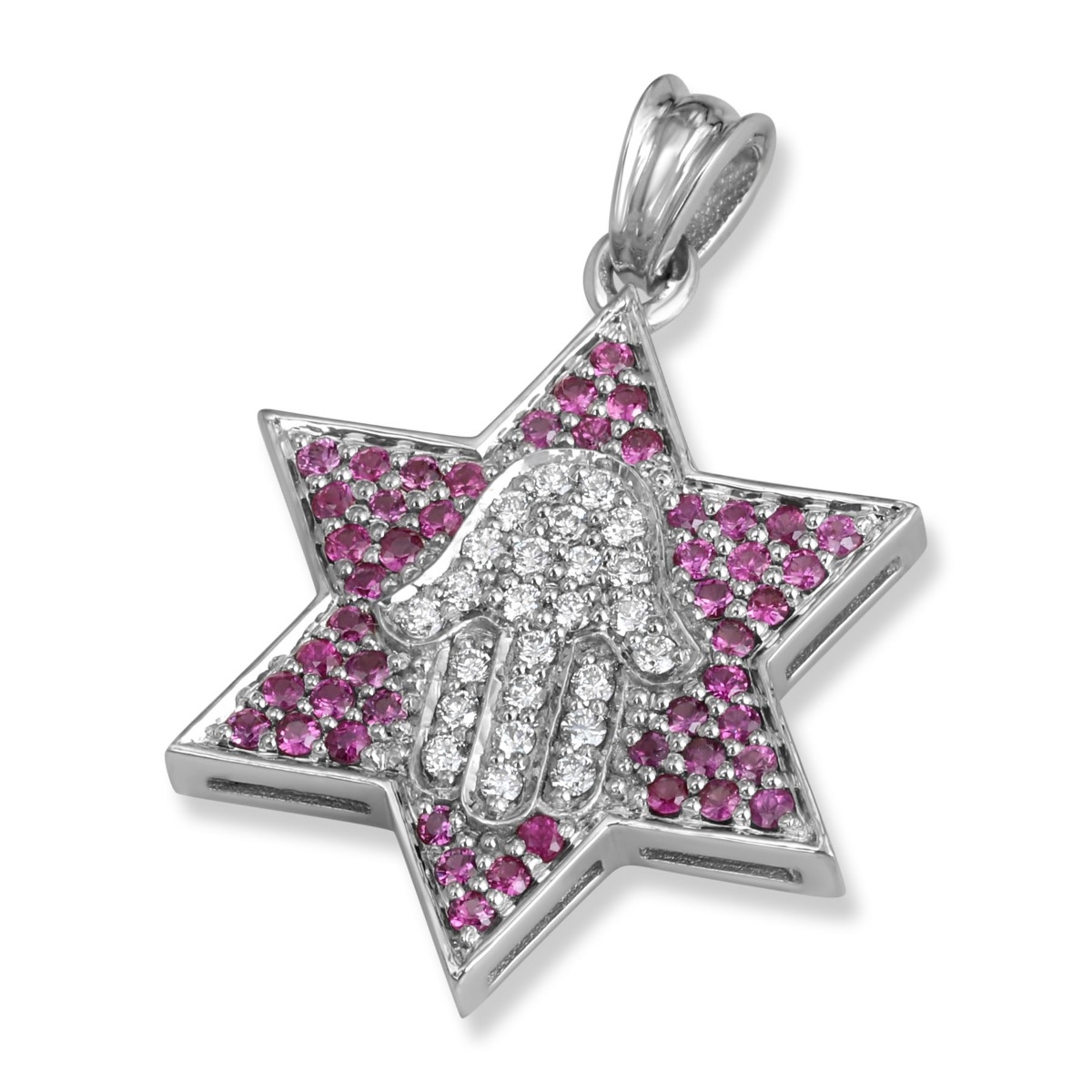 Rafael Jewelry 14K White Gold Hamsa Star of David Pink Sapphire and Diamond Pendant - 1