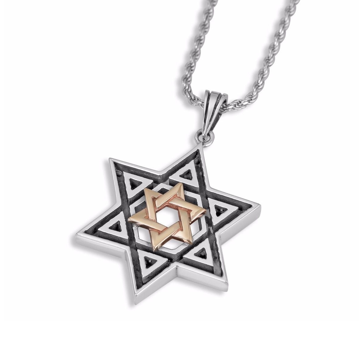 Rafael Jewelry Men's Double Star of David Sterling Silver and 9K Gold Necklace  - 1