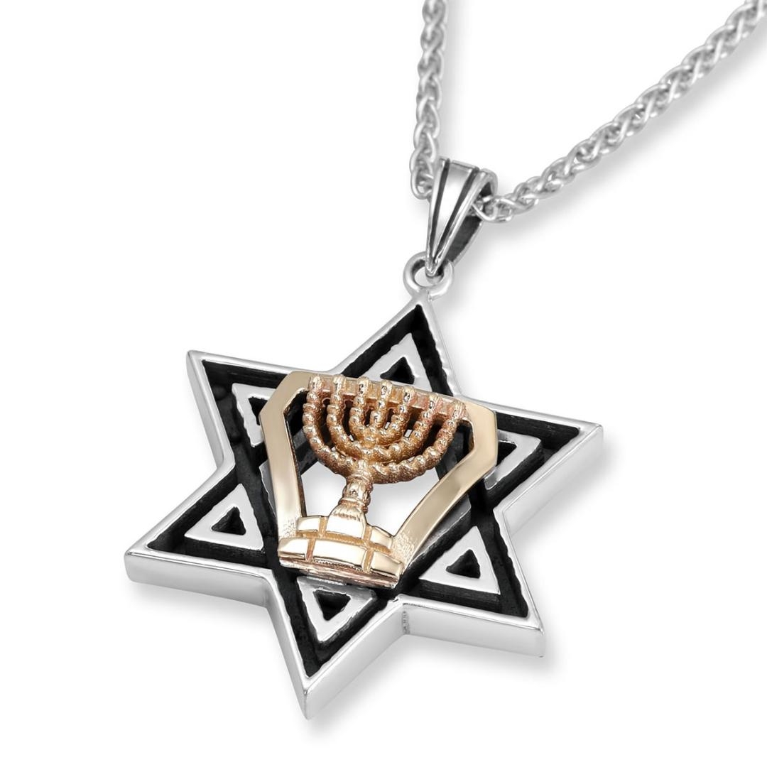 Silver & Gold Star of David and Temple Menorah Men's Necklace - 1