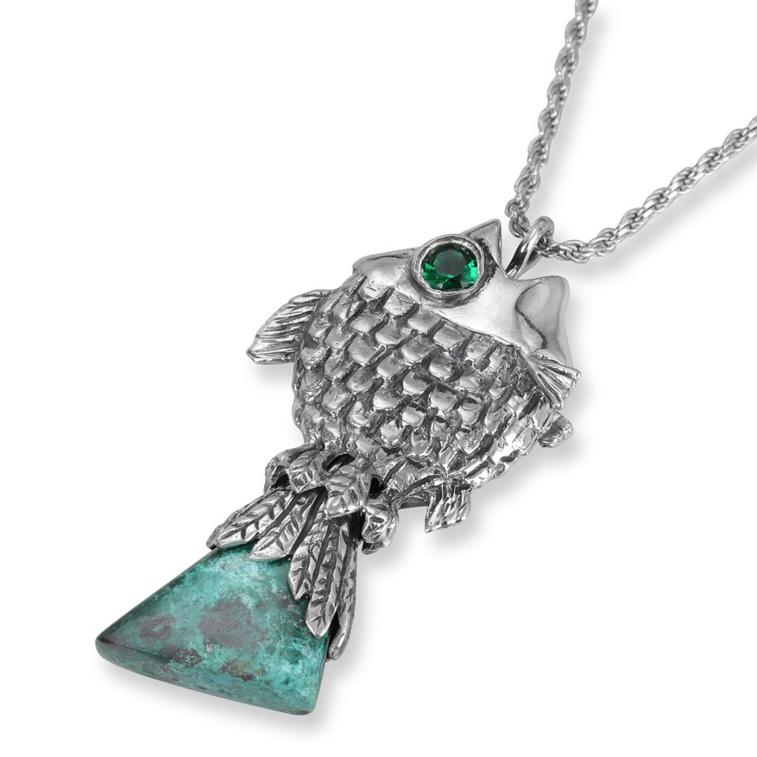 Rafael Jewelry Silver Sea of Galilee Fish Eilat Stone Pendant with Emerald & Sapphire  - 1
