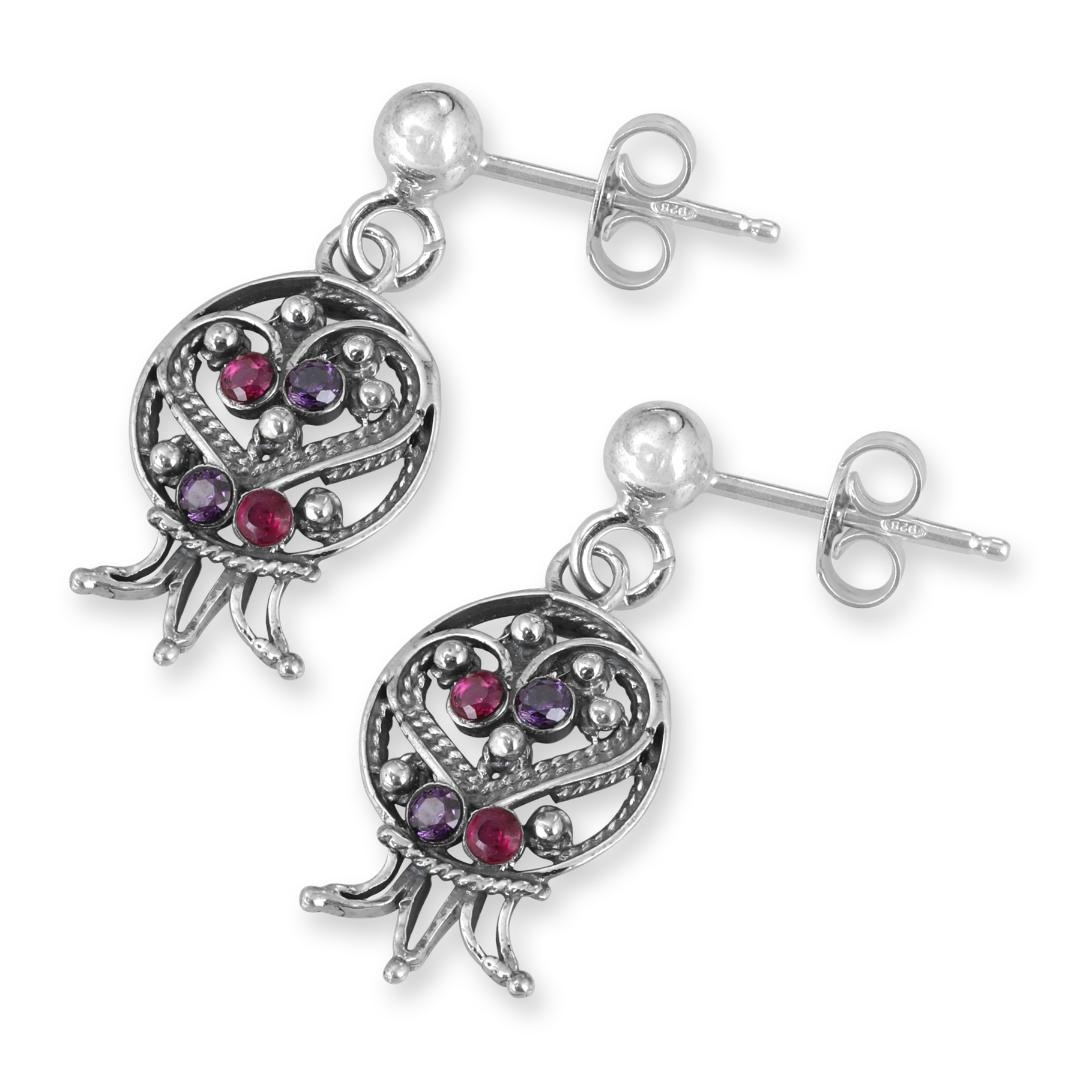 Rafael Jewelry Sterling Silver Pomegranate Filigree Earrings with Ruby Stones & Purple Amethyst - 1