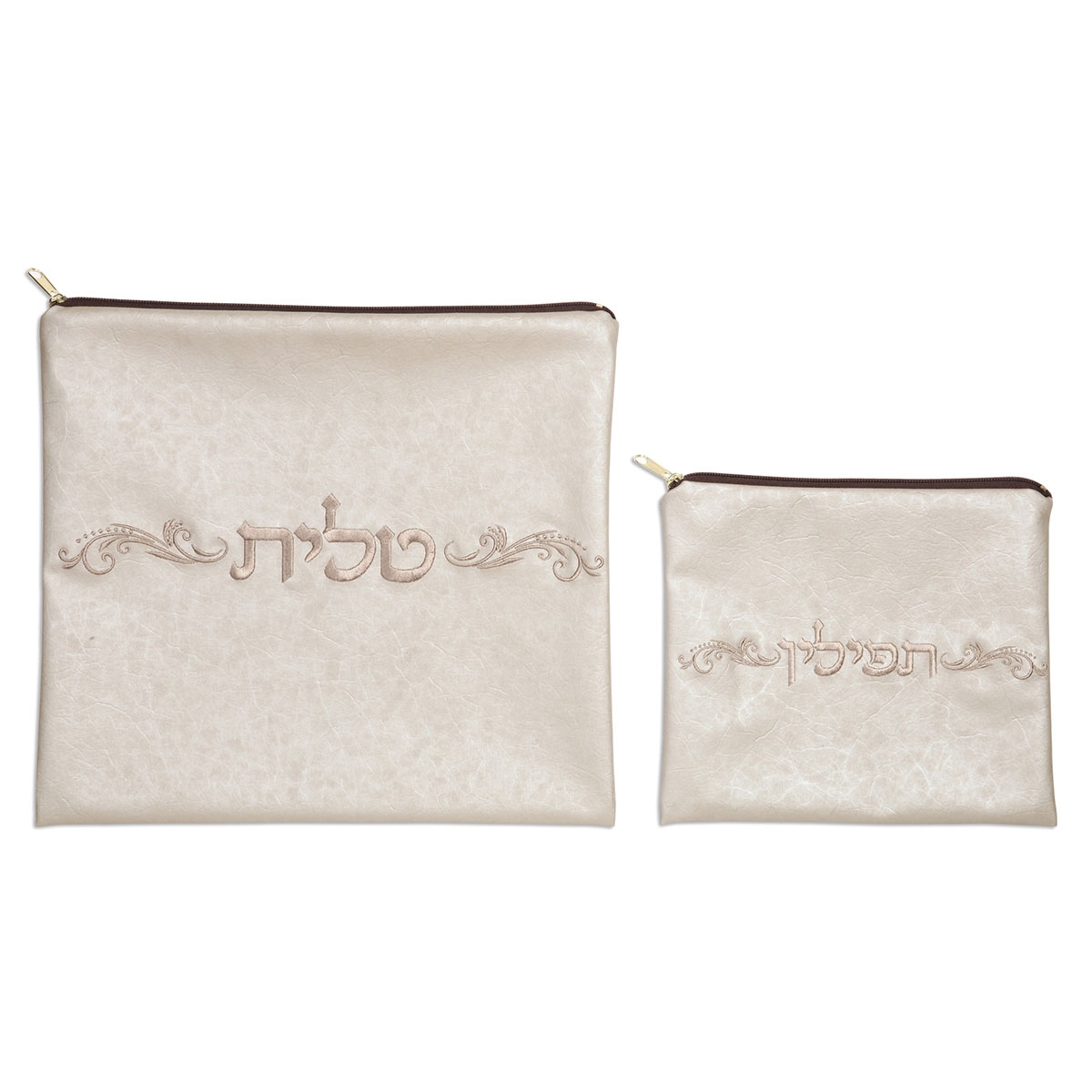 Rikmat Elimelech Faux Leather Off-White Tallit and Tefillin Bag Set  - 1