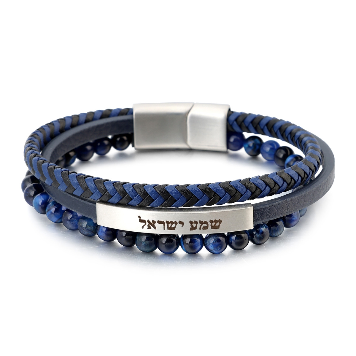Men's Shema Yisrael 3-Band Beaded Leather Bracelet with Magnetic Clasp - Blue and Black - 1