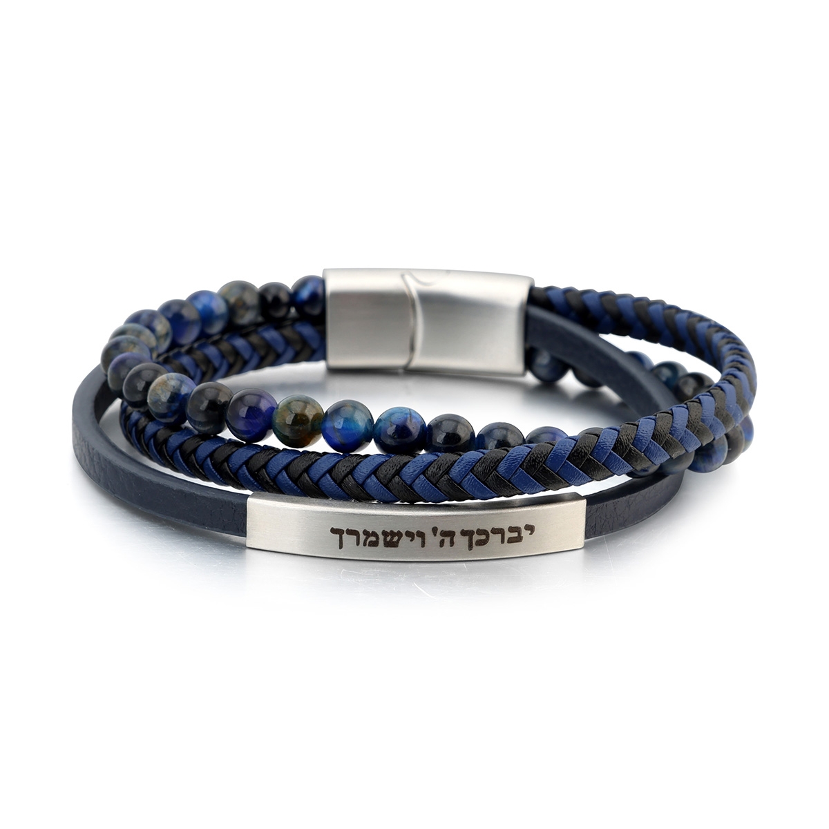 Men's Priestly Blessing 3-Band Beaded Leather Bracelet with Magnetic Clasp - Black and Blue  - 1