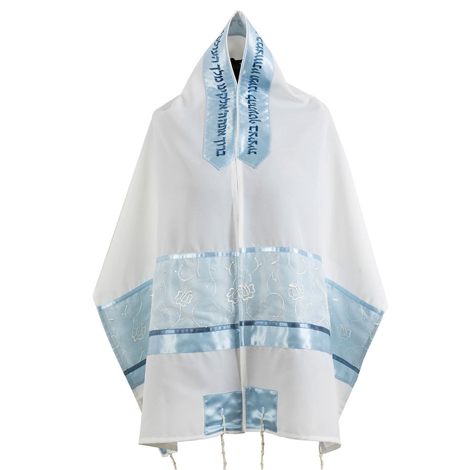 Ronit Gur Light Blue Floral Tallit Set with Blessing - 1