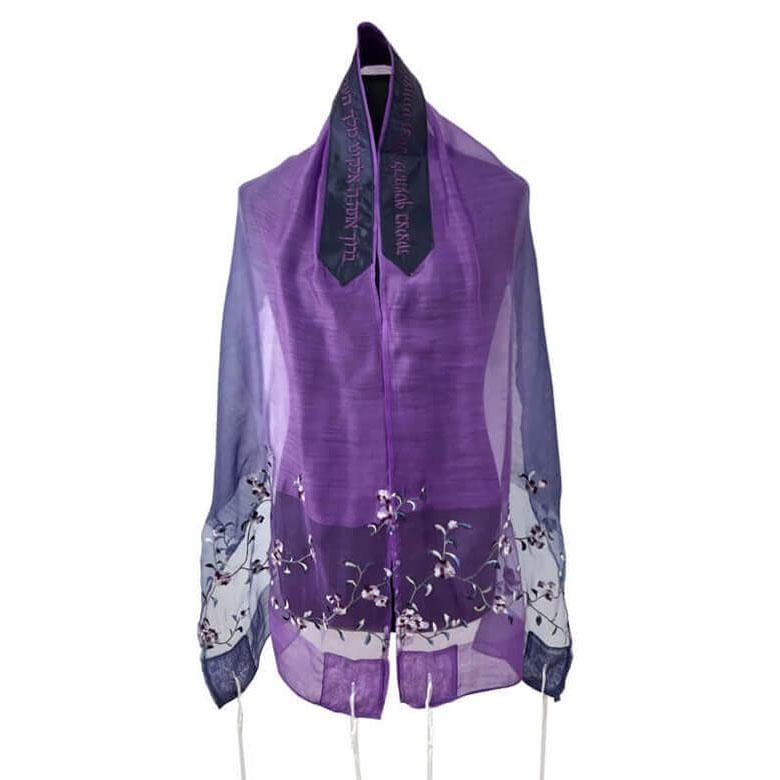 Ronit Gur Purple Silk Tallit with Floral Pattern - 1