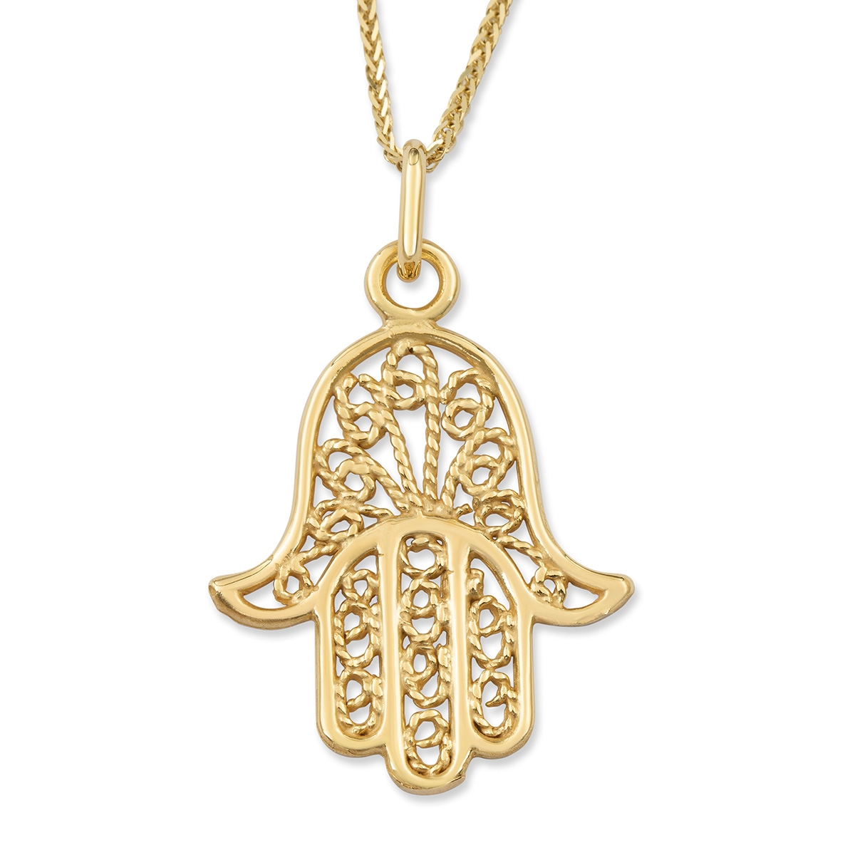 Large 14K Yellow Gold Hamsa Pendant Necklace With Rope Filigree Design - 1