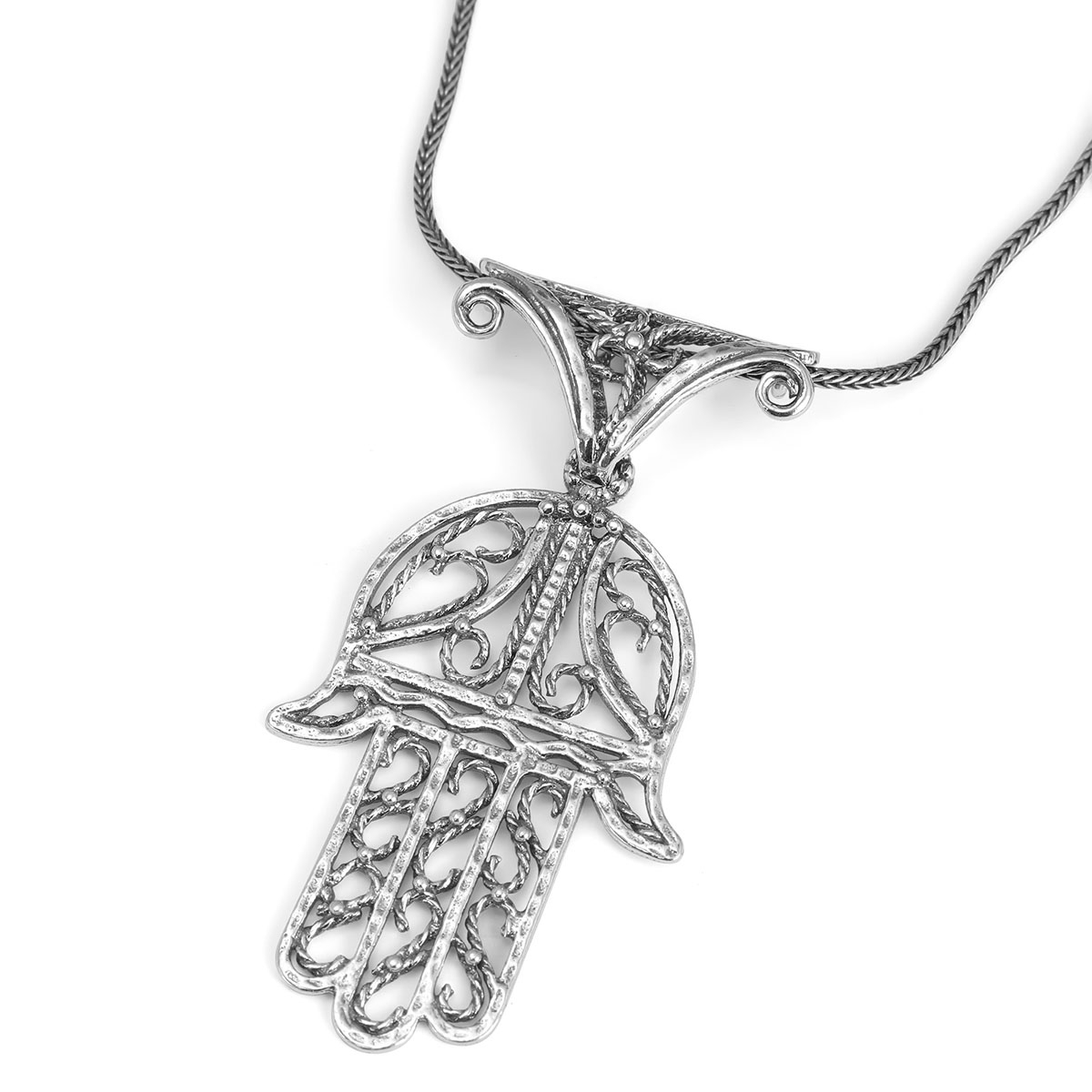 Refined Sterling Silver Hamsa Necklace With Filigree Rope Design - 1