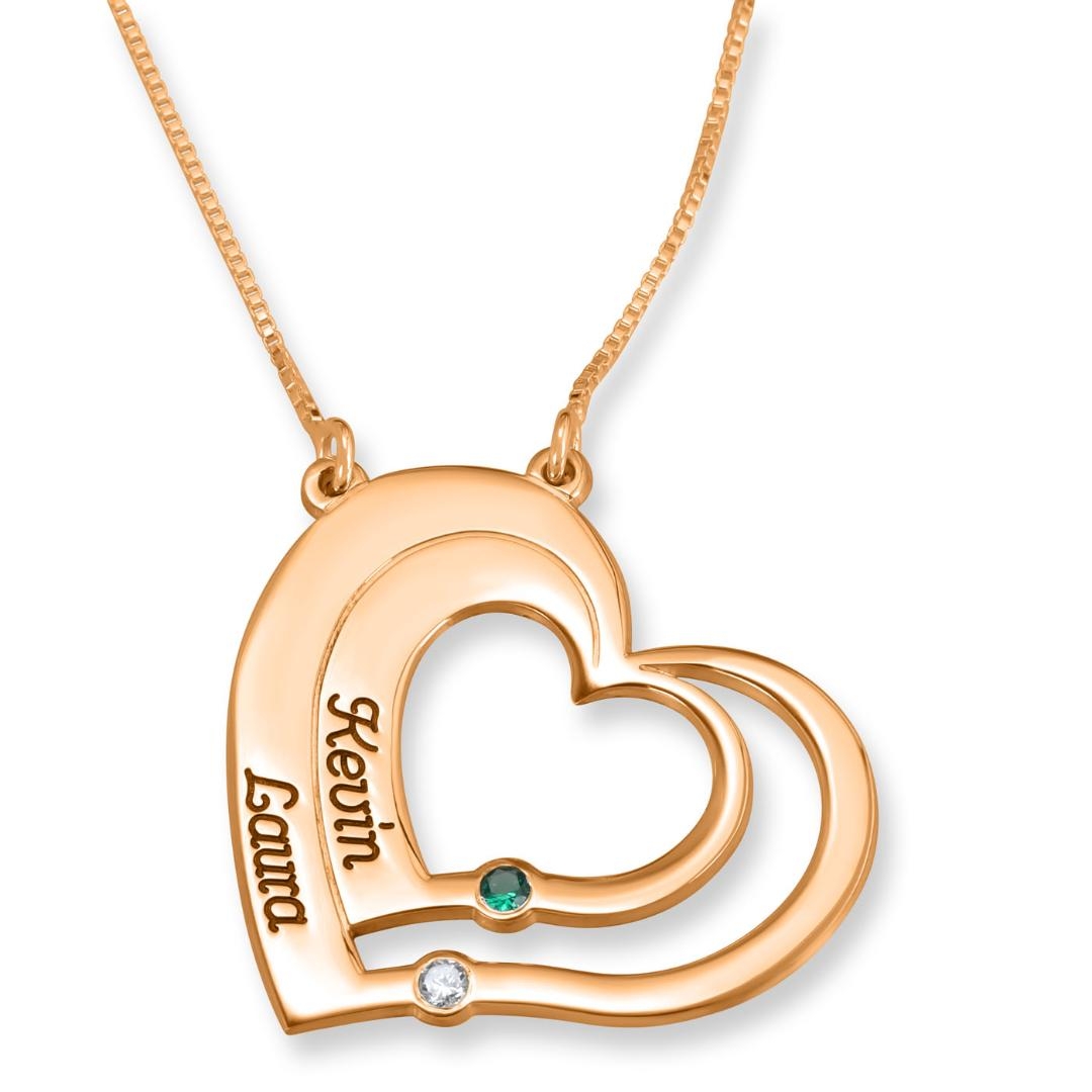 24K Rose Gold Plated Up to Two Kids' Names Mom Double Heart Necklace with Birthstones - 1
