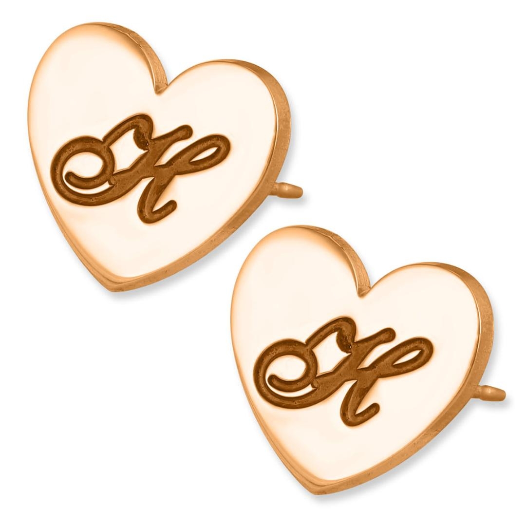 24K Rose Gold Plated Love Heart Initial Earrings - 1