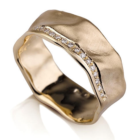 14K Yellow Gold Wedding Ring with Diamond Stripe - 1