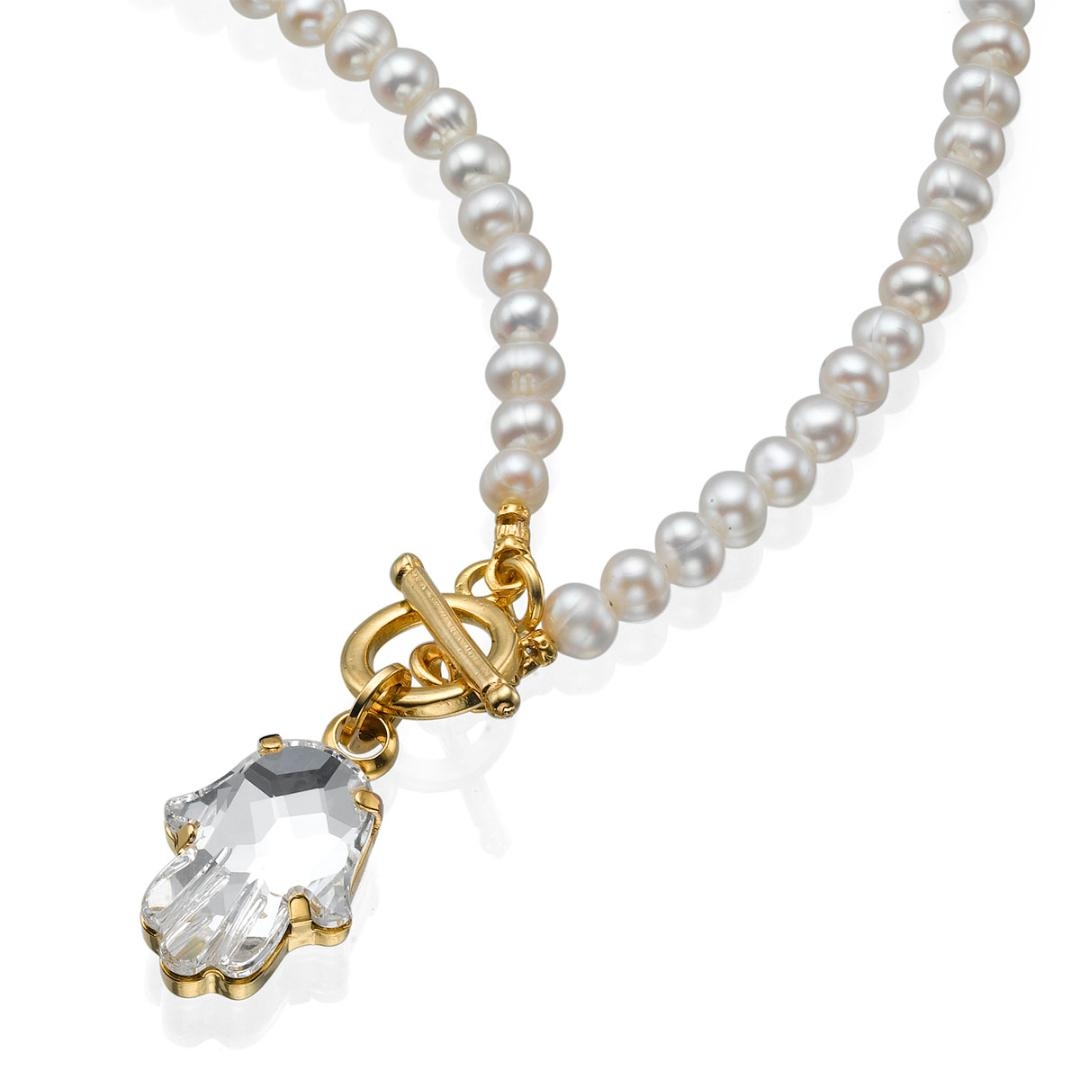 SEA Smadar Eliasaf Clear Hamsa Pearl Necklace with Gold Plating  - 1
