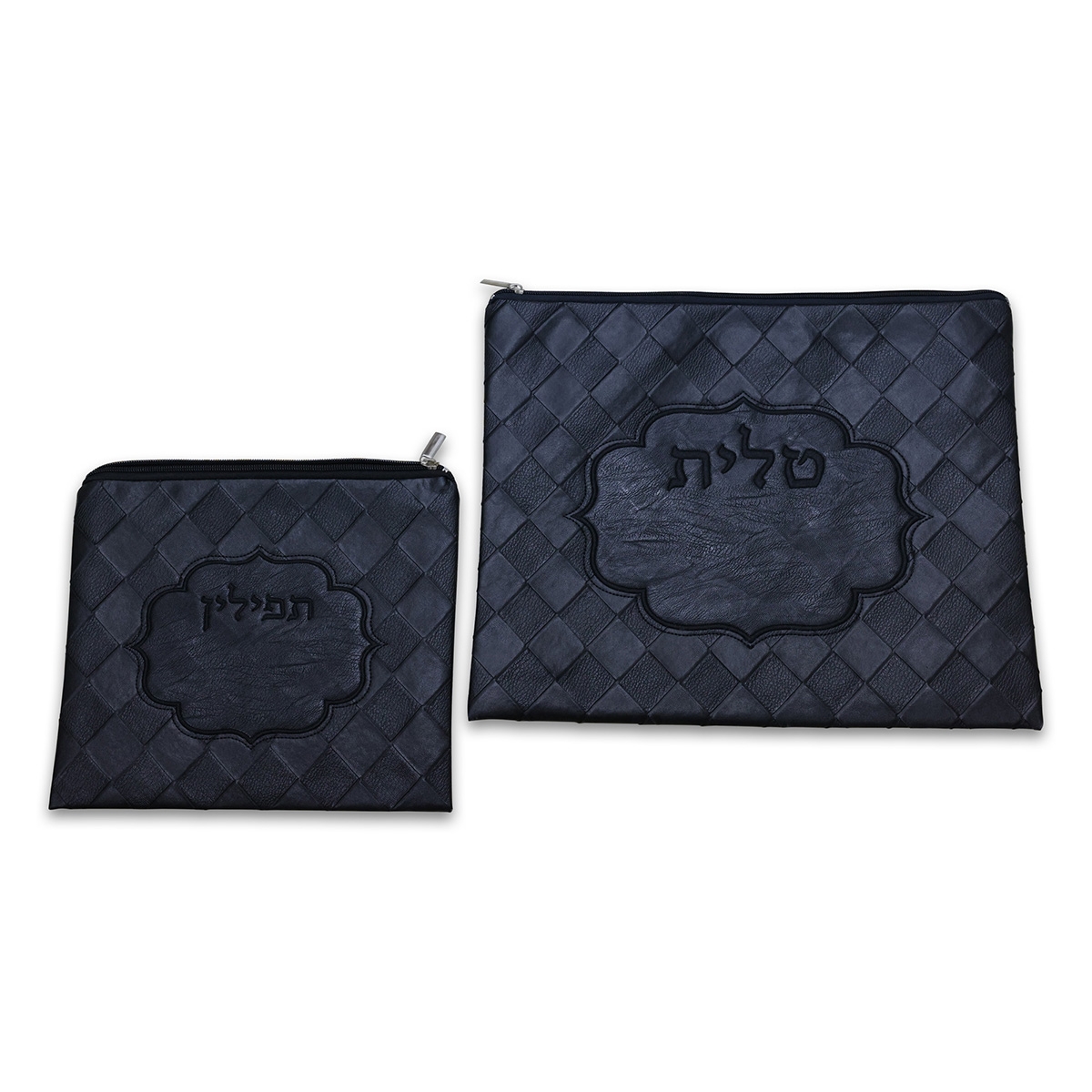 Faux Leather Diamond Checkered Tallit & Tefillin Bag Set - Black - 1