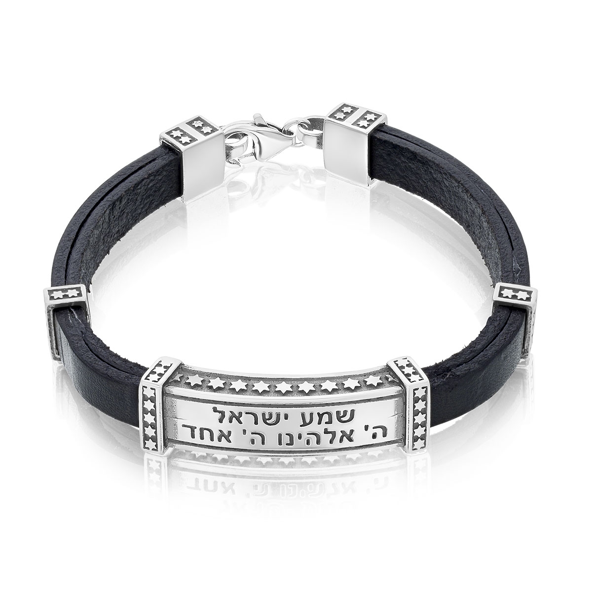 Shema Israel: Silver and Leather Bracelet with Stars of David - Choice of Colors - 1