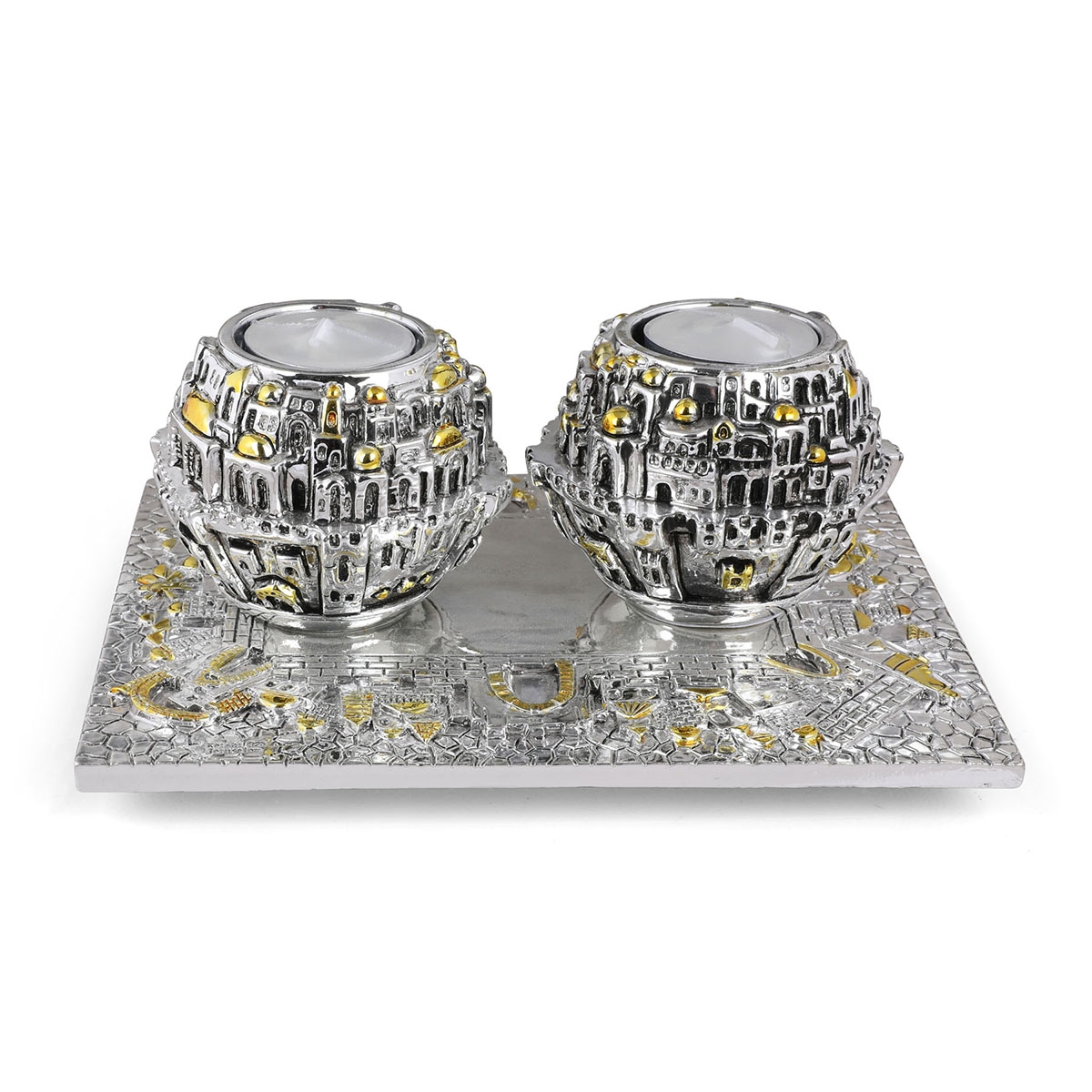 Silver Round Candlesticks with Tray -  Jerusalem - 1