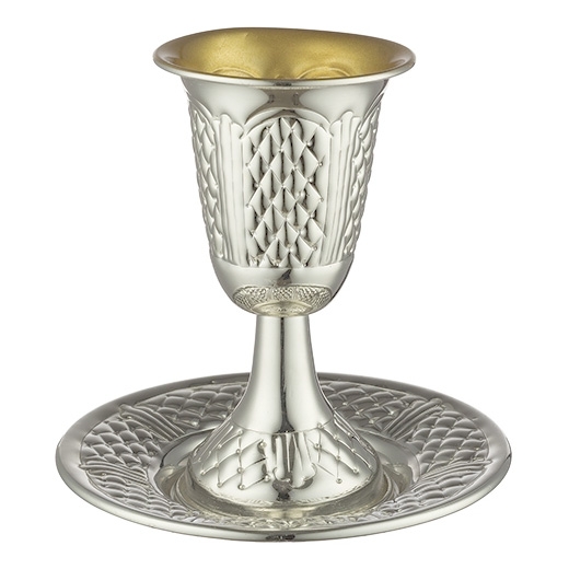 Silver Plated Dotted Diamond Design Stemmed Kiddush Cup with Saucer - 1