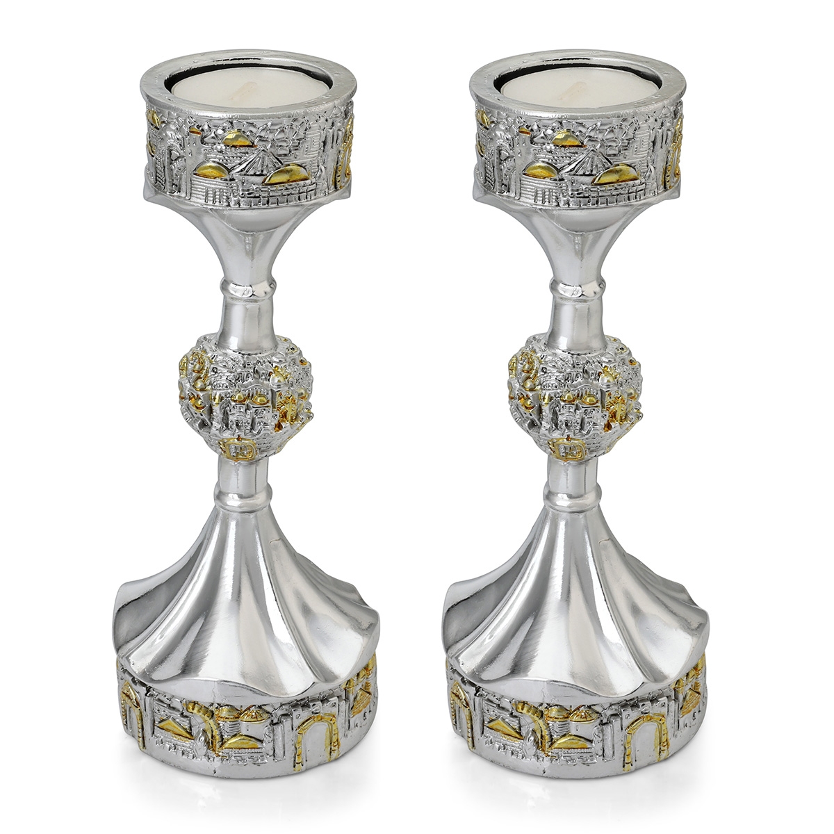 Silver Plated Tea Light Candlesticks with Golden Highlights - Jerusalem - 1