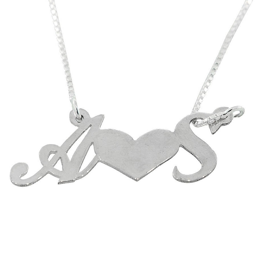 Sterling Silver Double Thickness Custom Necklace - Initials with Heart - 1