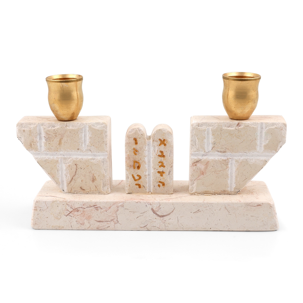 Jerusalem Stone Shabbat Candlesticks with Ten Commandments - 1