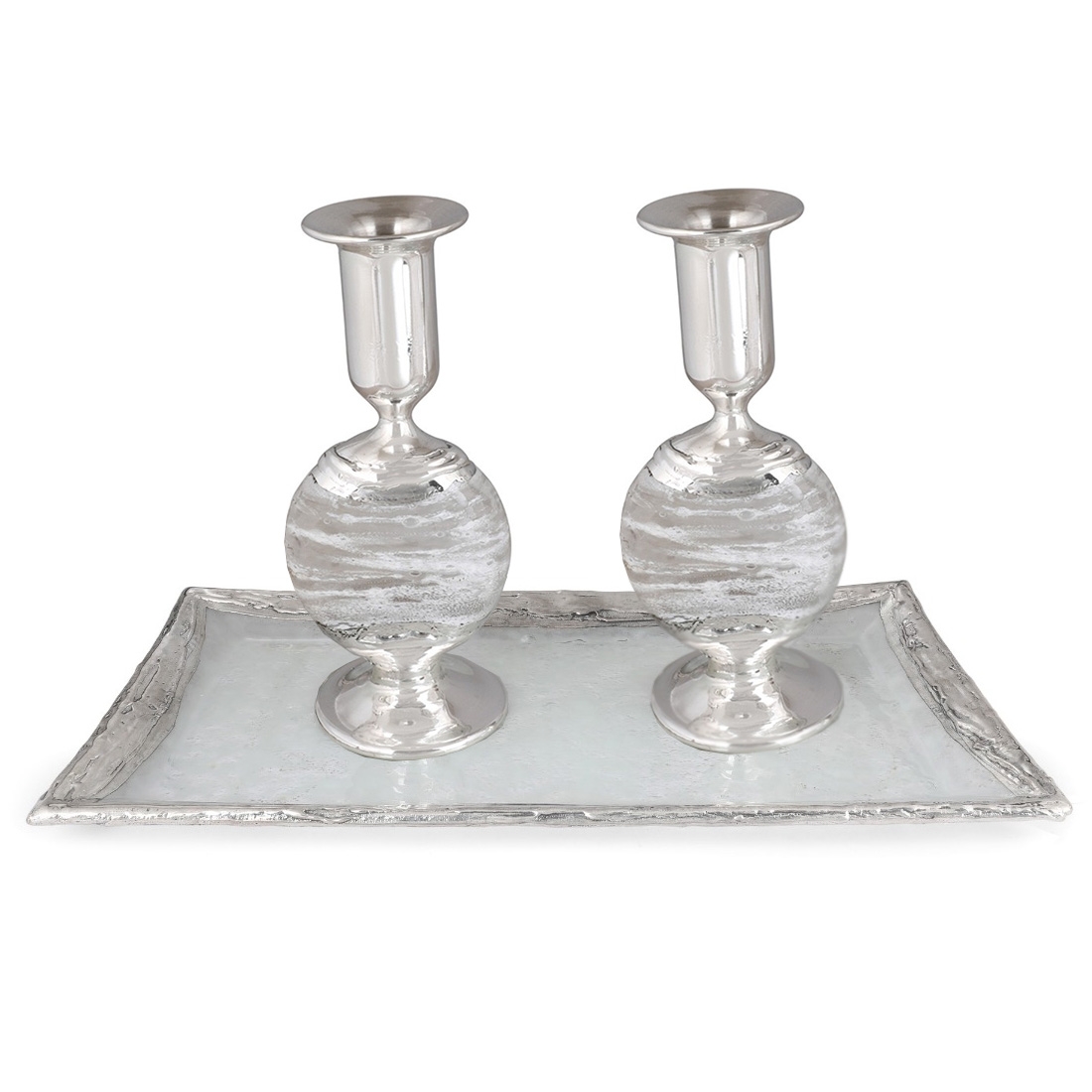 Handmade White Glass and Sterling Silver-Plated Shabbat Candlesticks - 1
