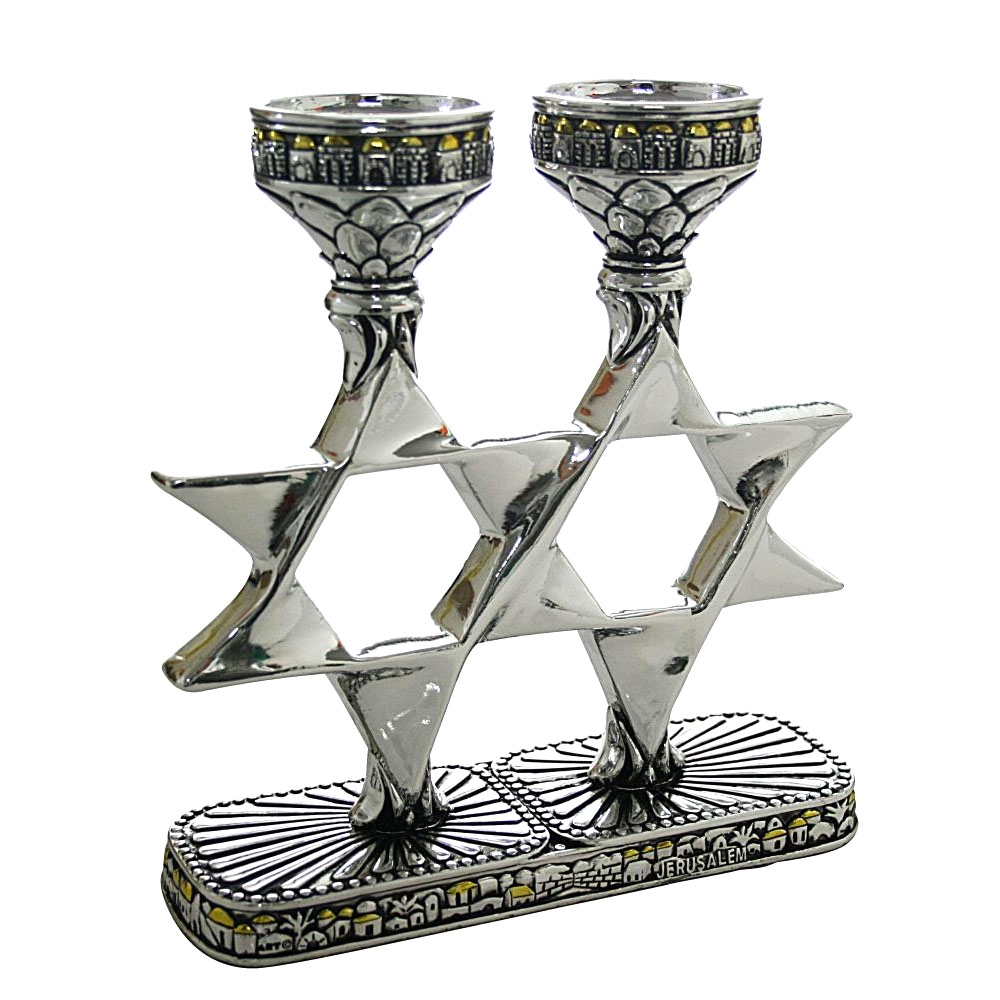  Silver and Gold Plated Star of David Candlesticks - Jerusalem (One Piece) - 1