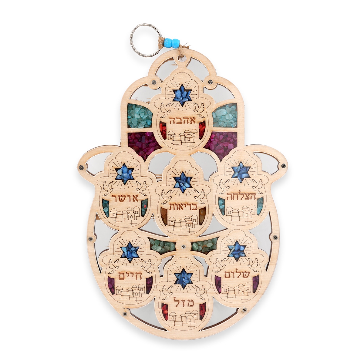 Large Wooden Hamsa Hebrew Blessings Wall Hanging with Gemstones from Israel - 1
